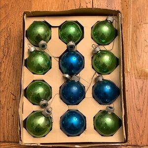 12 vintage Green and Blue Holiday glass Ornaments